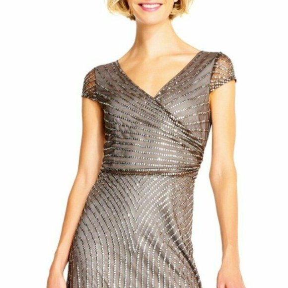 NEW $299 Adrianna Papell Sequin Faux Wrap Gown‎ in Lead [SZ 14 ] - Picture 9 of 10